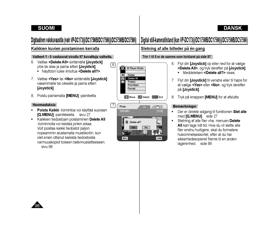 Samsung VP-DC172W/XEE  Näyttöön tulee ilmoitus Delete all?, Protect Print Mark Format Move OK Select Menu Exit Photo 