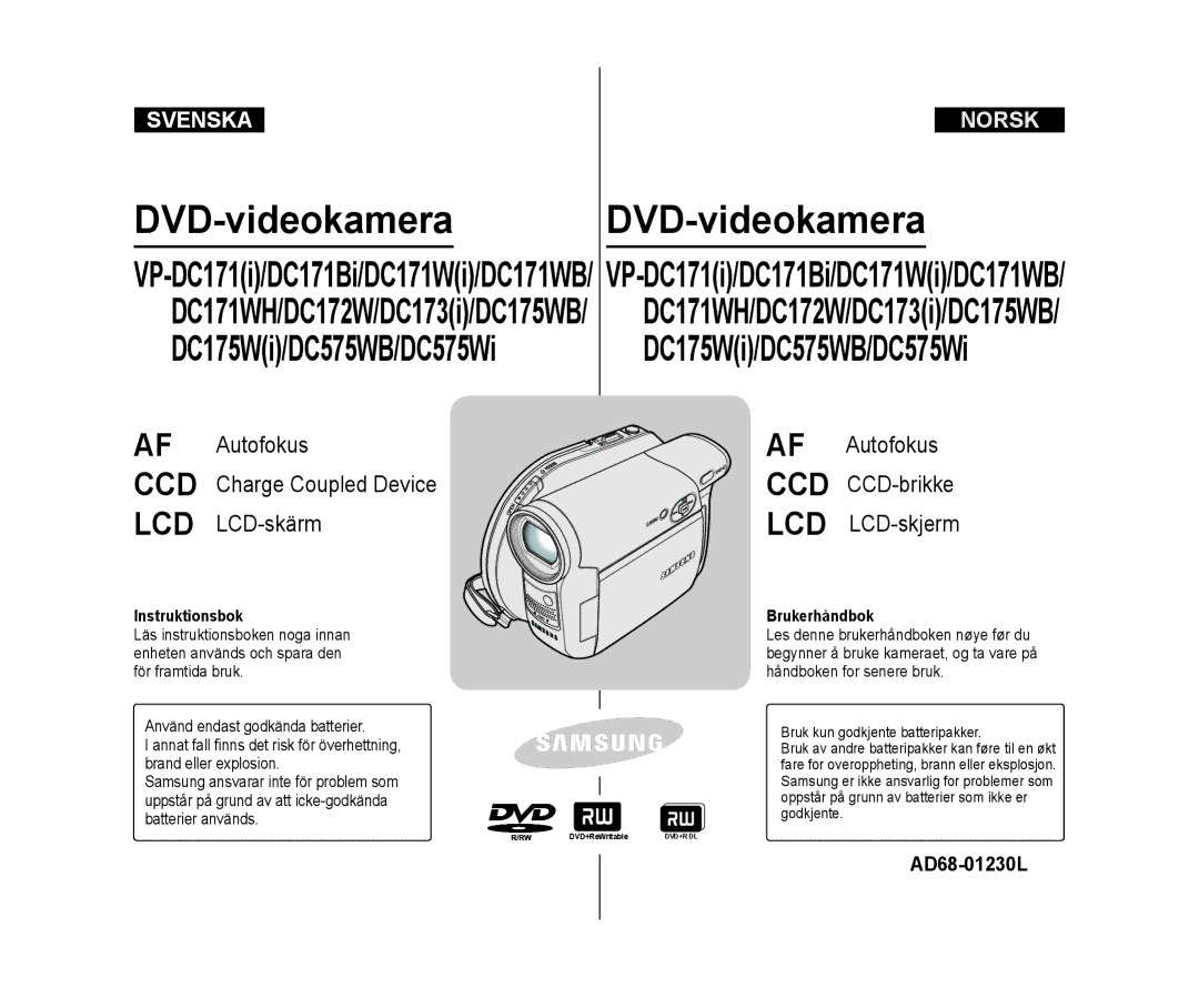 Samsung VP-DC171W/XEE, VP-DC171/XEE manual Charge Coupled Device, AD68-01230L, Instruktionsbok, Brukerhåndbok 