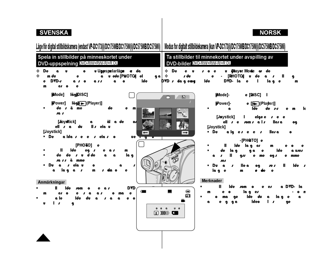 Samsung VP-DC171/XEE, VP-DC171W/XEE manual Ta stillbilder til minnekortet under avspilling av, DVD-bilderDVD-RW/+RW/-R/+R DL 