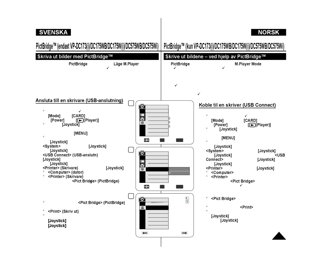 Samsung VP-DC171/XEE, VP-DC171W/XEE manual Koble til en skriver USB Connect, Mode i läge Card,  Print Skriv ut markeras 