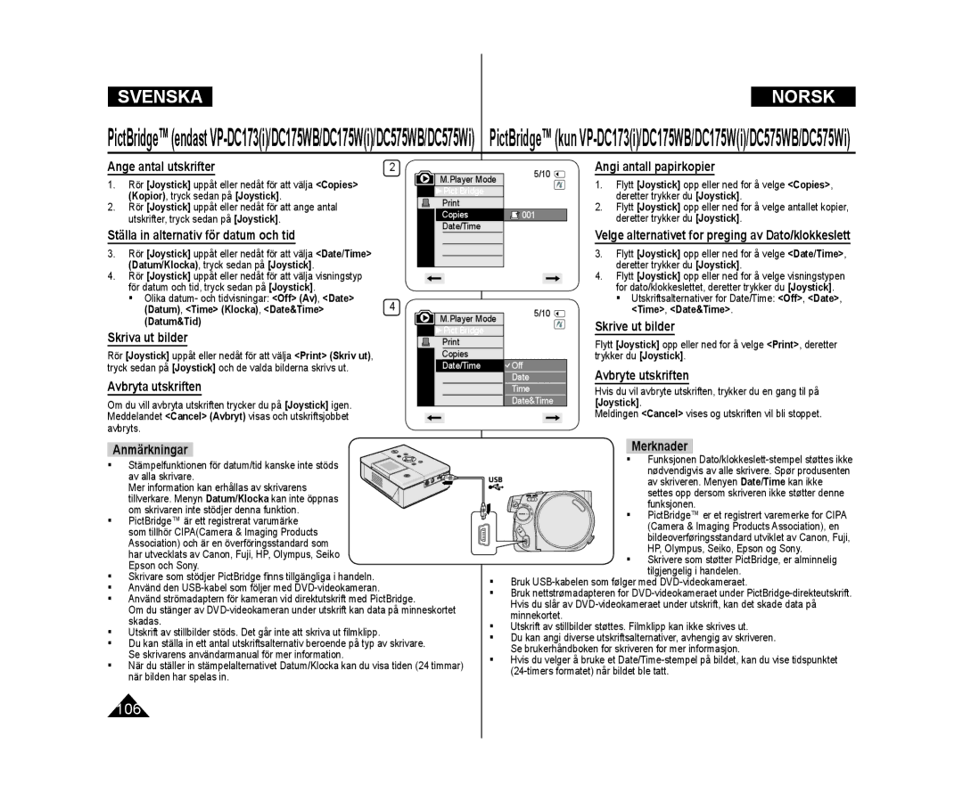 Samsung VP-DC171W/XEE Ange antal utskrifter, Ställa in alternativ för datum och tid, Skriva ut bilder, Avbryta utskriften 