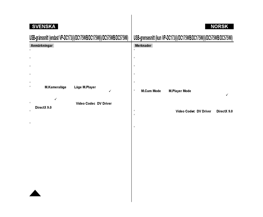 Samsung VP-DC171/XEE, VP-DC171W/XEE, VP-DC172W/XEE manual  USB-streaming krever en Video Codec, DV Driver og DirectX 