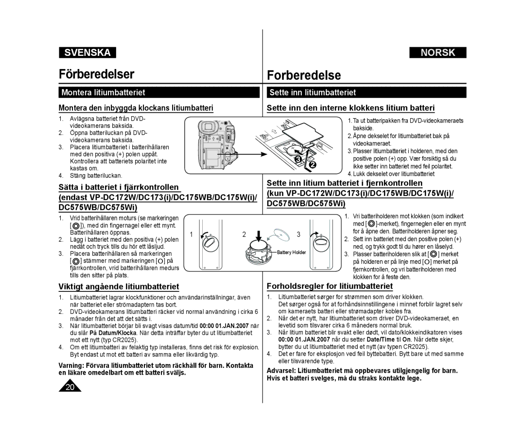 Samsung VP-DC172W/XEE, VP-DC171/XEE, VP-DC171W/XEE manual Förberedelser, Montera litiumbatteriet Sette inn litiumbatteriet 