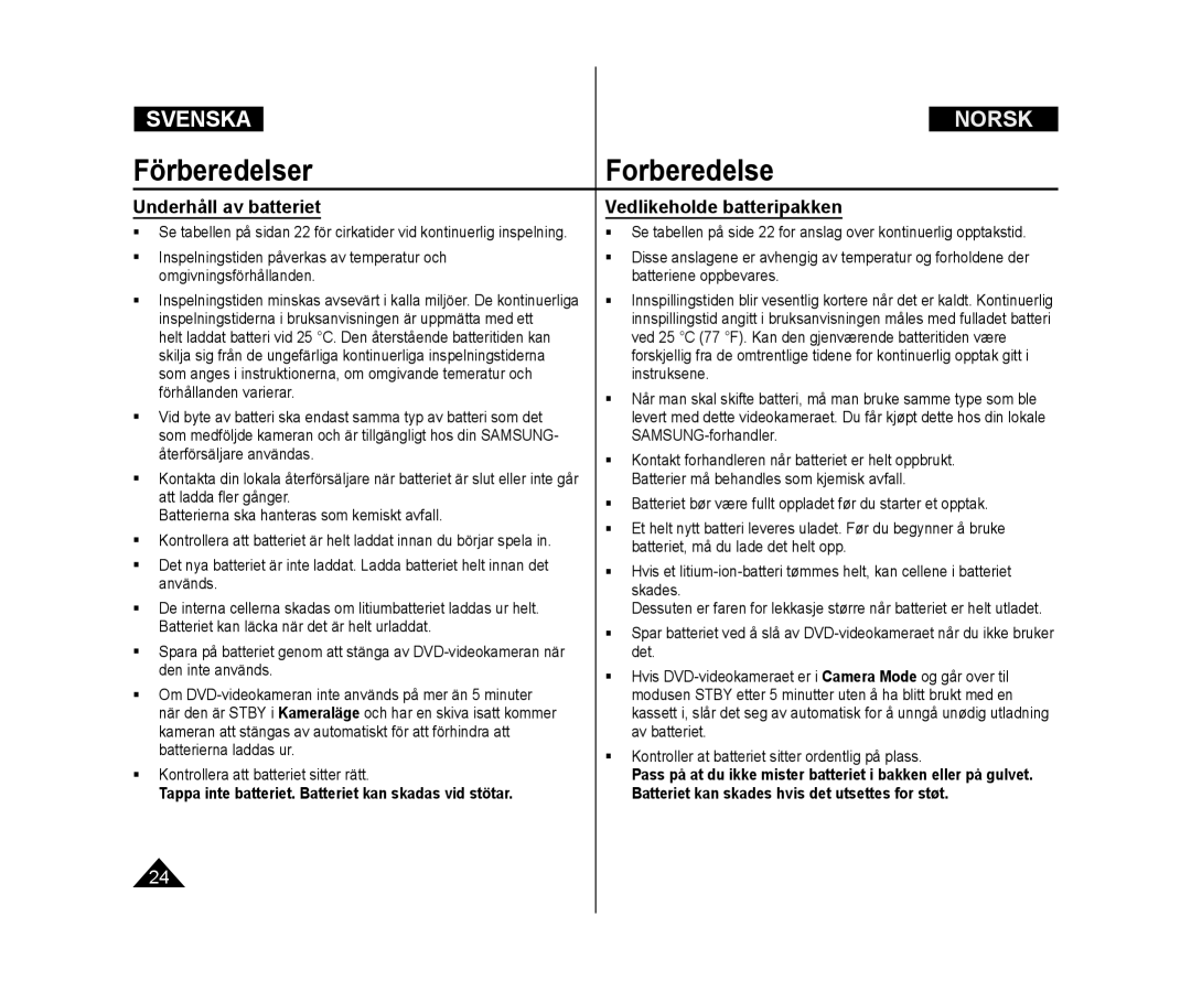 Samsung VP-DC171/XEE, VP-DC171W/XEE, VP-DC172W/XEE manual Underhåll av batteriet, Vedlikeholde batteripakken 