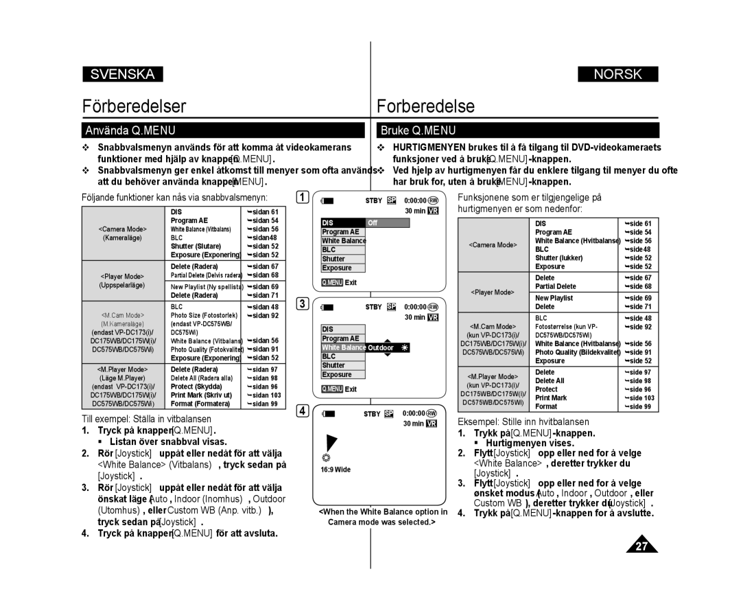 Samsung VP-DC171/XEE Använda Q.MENU Bruke Q.MENU, Till exempel Ställa in vitbalansen, Eksempel Stille inn hvitbalansen 