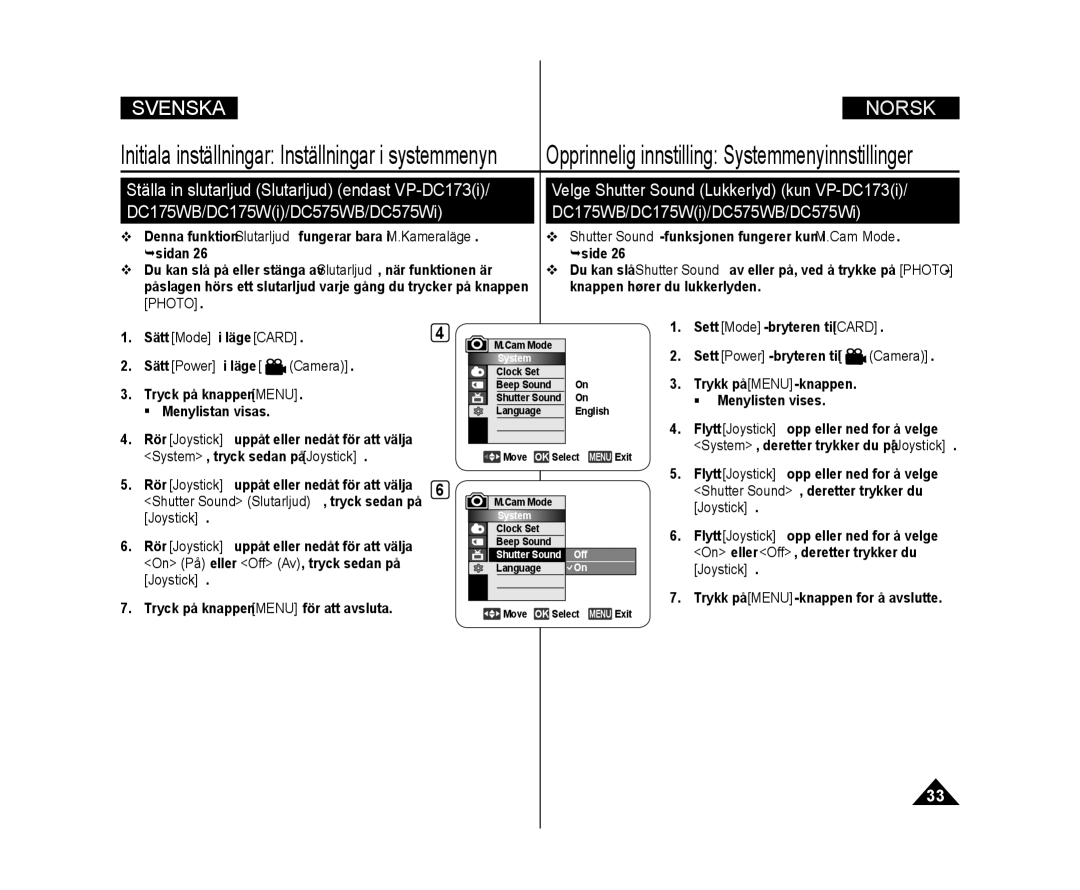 Samsung VP-DC171/XEE, VP-DC171W/XEE, VP-DC172W/XEE manual Sett Mode-bryteren til Card, Sett Power-bryteren til 