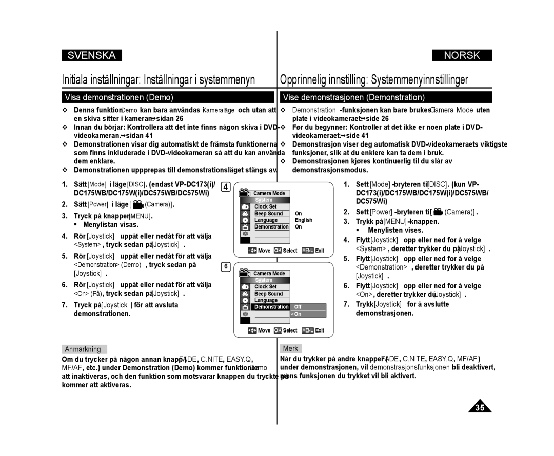 Samsung VP-DC172W/XEE, VP-DC171/XEE, VP-DC171W/XEE manual Visa demonstrationen Demo, Vise demonstrasjonen Demonstration, Merk 