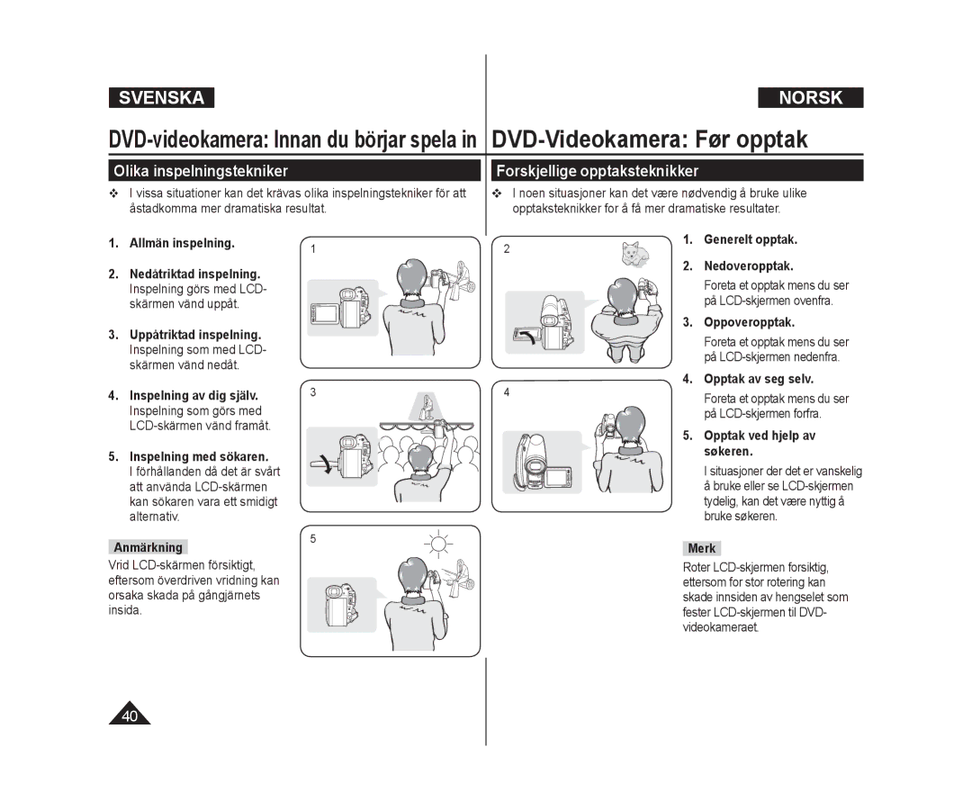 Samsung VP-DC171W/XEE, VP-DC171/XEE, VP-DC172W/XEE manual Olika inspelningstekniker, Forskjellige opptaksteknikker 