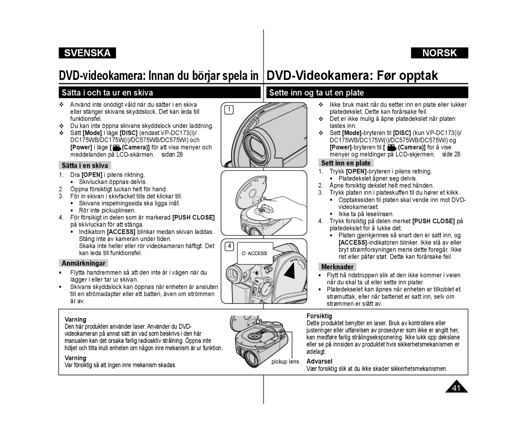 Samsung VP-DC172W/XEE, VP-DC171/XEE DVD-Videokamera Før opptak, Sätta i och ta ur en skiva Sette inn og ta ut en plate 