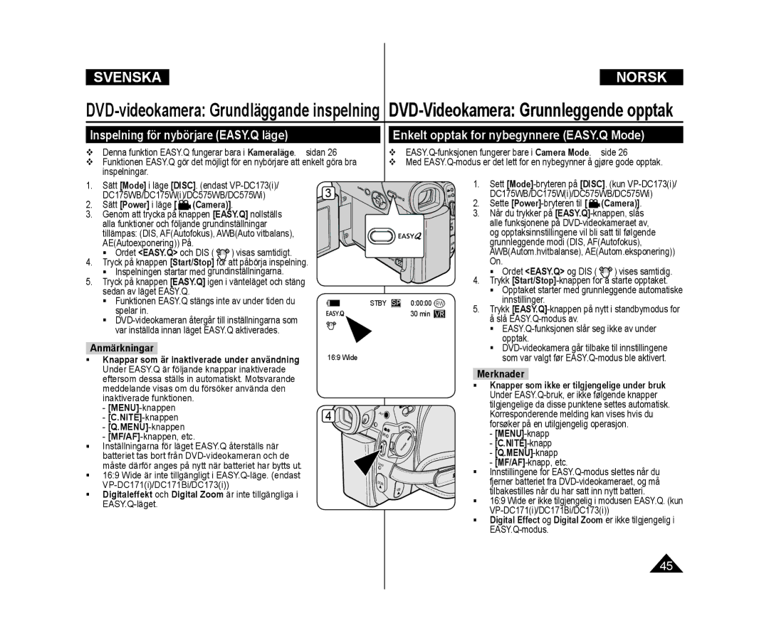 Samsung VP-DC171/XEE, VP-DC171W/XEE manual Inspelning för nybörjare EASY.Q läge, Enkelt opptak for nybegynnere EASY.Q Mode 
