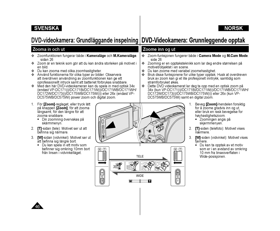 Samsung VP-DC171W/XEE, VP-DC171/XEE, VP-DC172W/XEE manual Zooma in och ut, Zoome inn og ut 