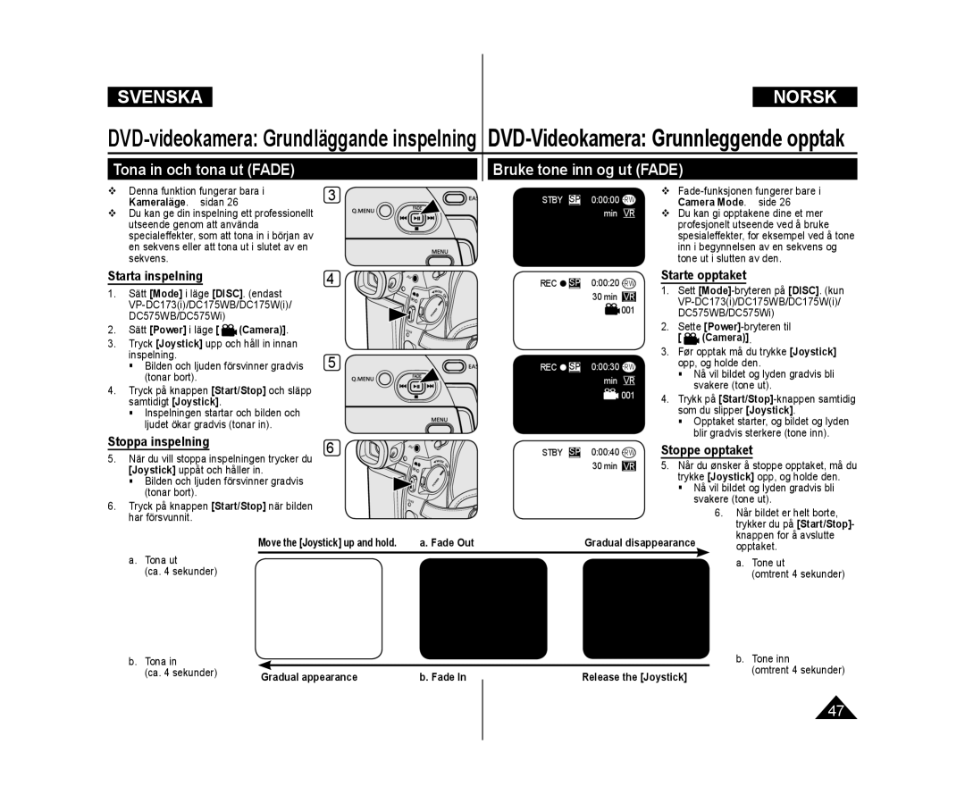 Samsung VP-DC172W/XEE manual Tona in och tona ut Fade, Bruke tone inn og ut Fade, Starta inspelning, Stoppa inspelning 
