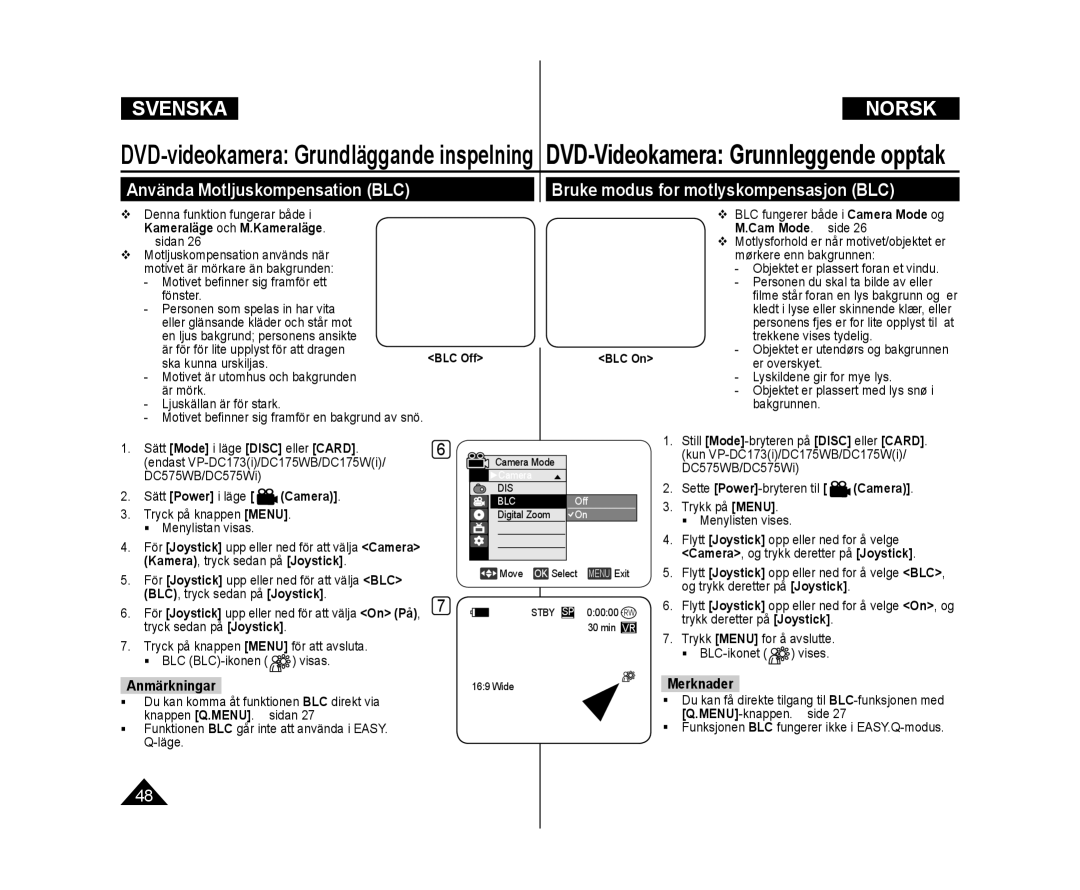 Samsung VP-DC171/XEE manual Bruke modus for motlyskompensasjon BLC, Använda Motljuskompensation BLC, Cam Mode .  side 