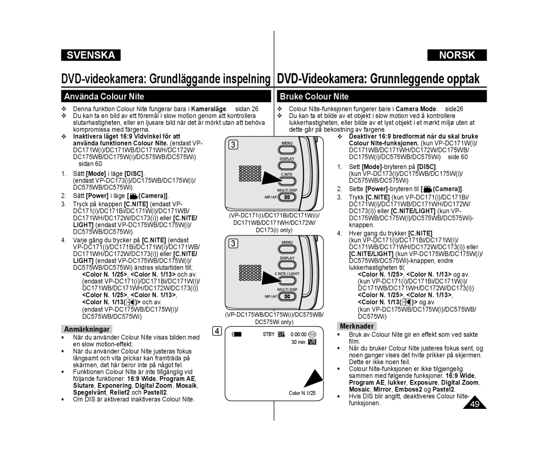 Samsung VP-DC171W/XEE, VP-DC171/XEE, VP-DC172W/XEE manual Använda Colour Nite, Bruke Colour Nite 