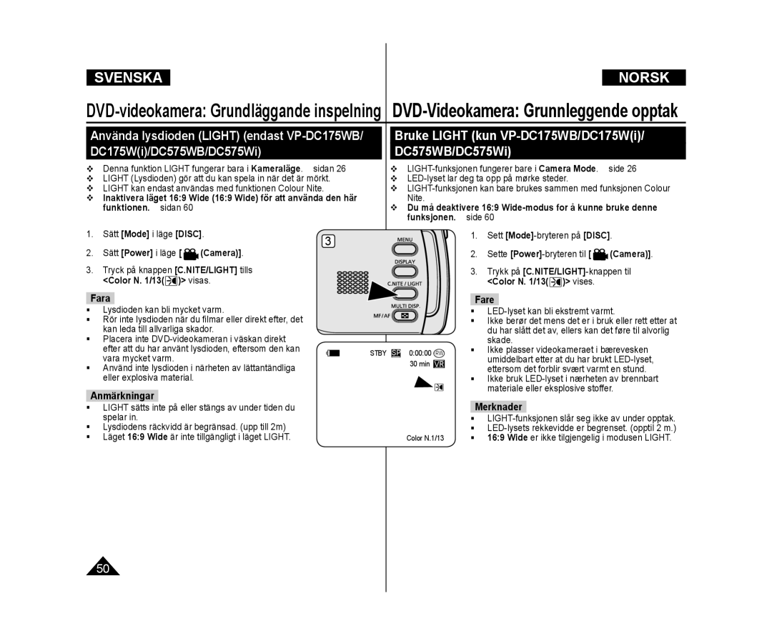 Samsung VP-DC172W/XEE manual Använda lysdioden Light endast VP-DC175WB, Bruke Light kun VP-DC175WB/DC175Wi, Fara, Fare 
