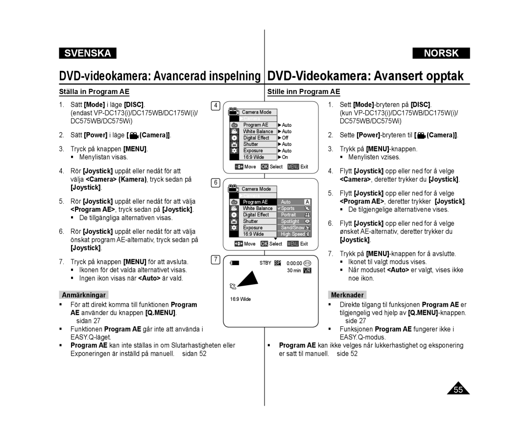 Samsung VP-DC171W/XEE, VP-DC171/XEE Ställa in Program AE Stille inn Program AE, Trykk på MENU-knappen  Menylisten vzises 