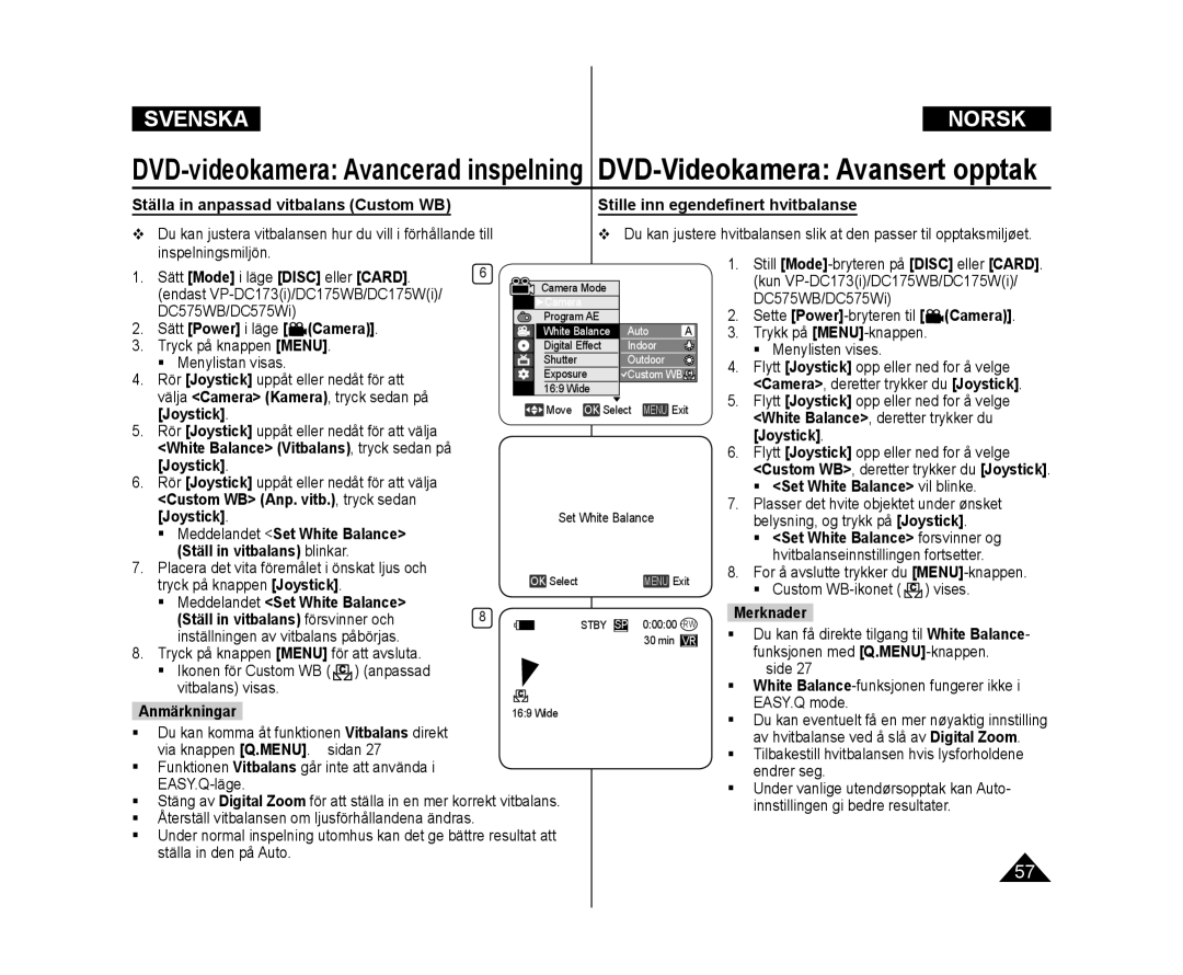 Samsung VP-DC171/XEE, VP-DC171W/XEE, VP-DC172W/XEE manual  Set White Balance vil blinke, Custom WB Anp. vitb., tryck sedan 