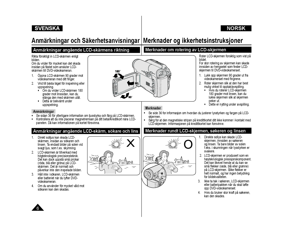 Samsung VP-DC171/XEE, VP-DC171W/XEE Anmärkningar angående LCD-skärmens riktning, Merknader om rotering av LCD-skjermen 