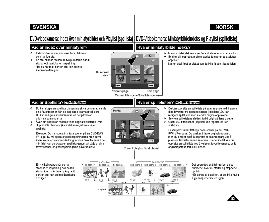 Samsung VP-DC171/XEE Vad är index över miniatyrer?, Hva er miniatyrbildeindeks?, Vad är Spellista? DVD-RWVR-läge, View 