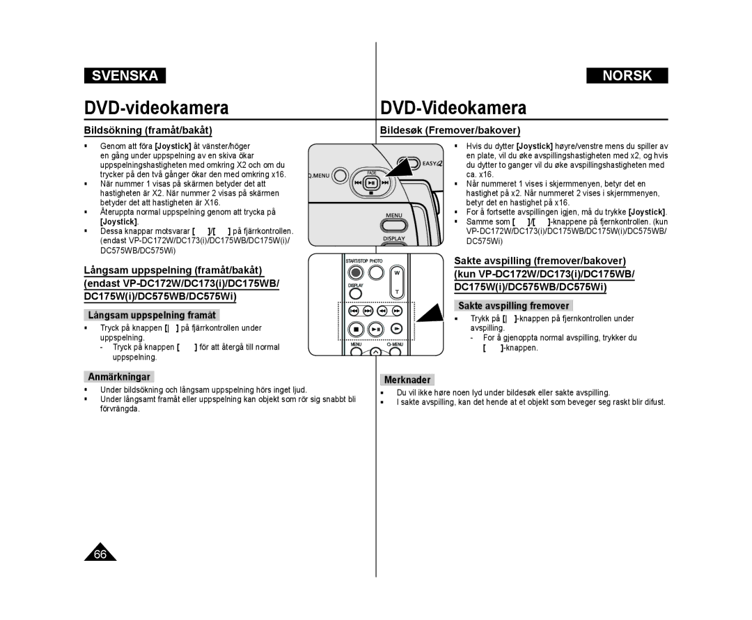 Samsung VP-DC171/XEE, VP-DC171W/XEE, VP-DC172W/XEE manual Bildsökning framåt/bakåt, Bildesøk Fremover/bakover, DC575Wi 