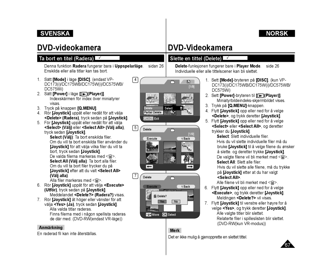 Samsung VP-DC171W/XEE, VP-DC171/XEE, VP-DC172W/XEE Ta bort en titel Radera DVD -RW/+RW, Slette en tittel Delete DVD -RW/+RW 