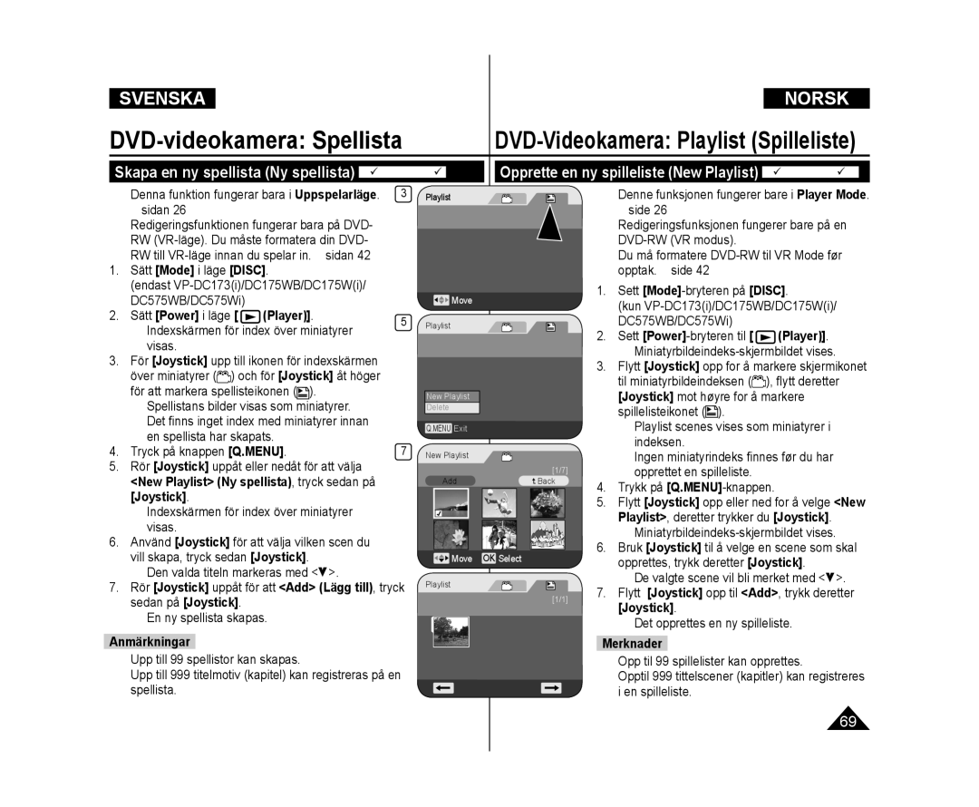 Samsung VP-DC171/XEE, VP-DC171W/XEE, VP-DC172W/XEE manual DVD-videokamera Spellista, DVD-Videokamera Playlist Spilleliste 