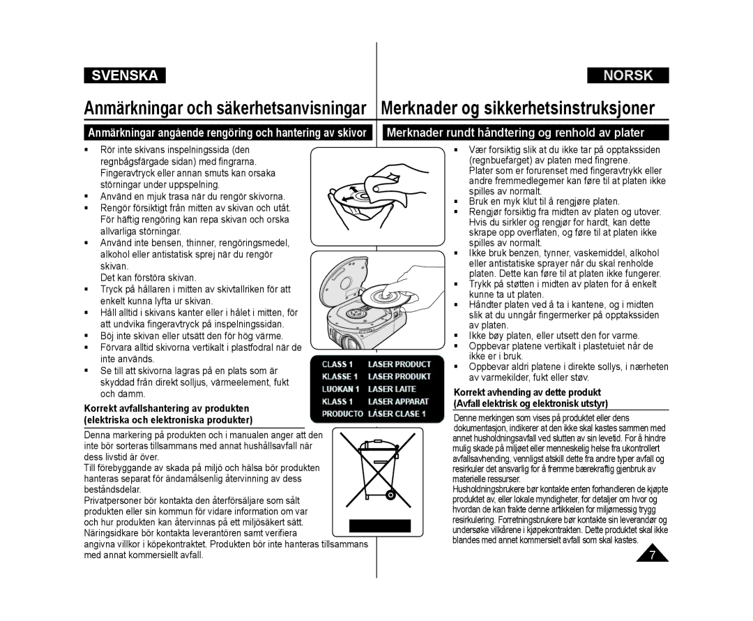 Samsung VP-DC171W/XEE, VP-DC171/XEE, VP-DC172W/XEE Denna markering på produkten och i manualen anger att den, Beståndsdelar 