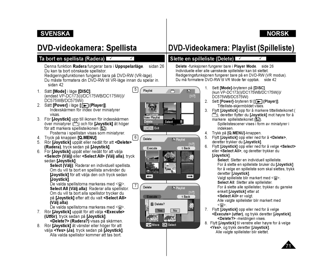 Samsung VP-DC172W/XEE, VP-DC171/XEE manual Slette en spilleliste Delete DVD-RWVR-modus, Radera, tryck sedan på Joystick 