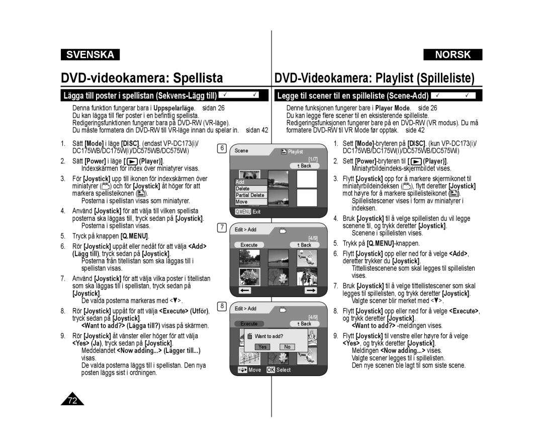 Samsung VP-DC171/XEE, VP-DC171W/XEE manual Posterna i spellistan visas, Deretter trykker du Joystick Spellistan visas 