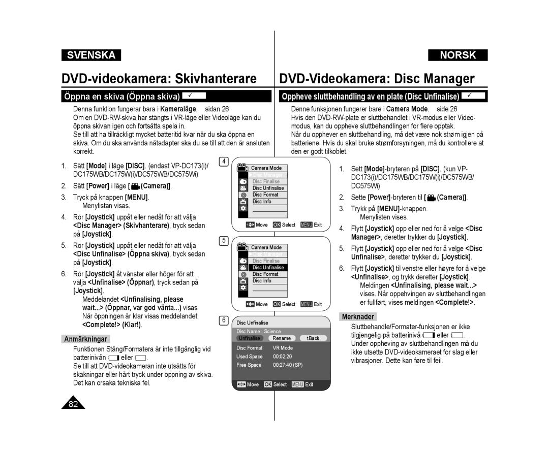 Samsung VP-DC171W/XEE, VP-DC171/XEE Öppna en skiva Öppna skiva DVD-RW,  Denna funktion fungerar bara i Kameraläge. sidan 