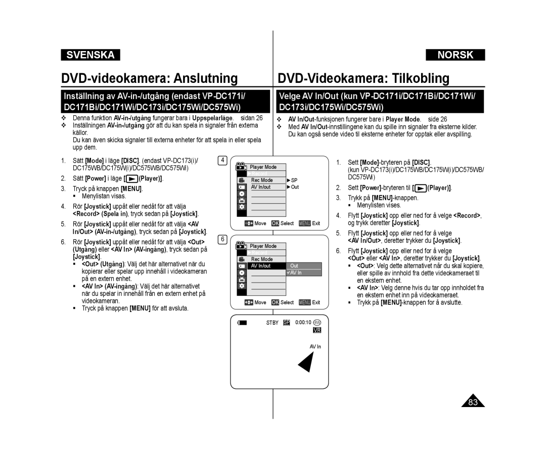 Samsung VP-DC172W/XEE manual DVD-videokamera Anslutning DVD-Videokamera Tilkobling,  Tryck på knappen Menu för att avsluta 