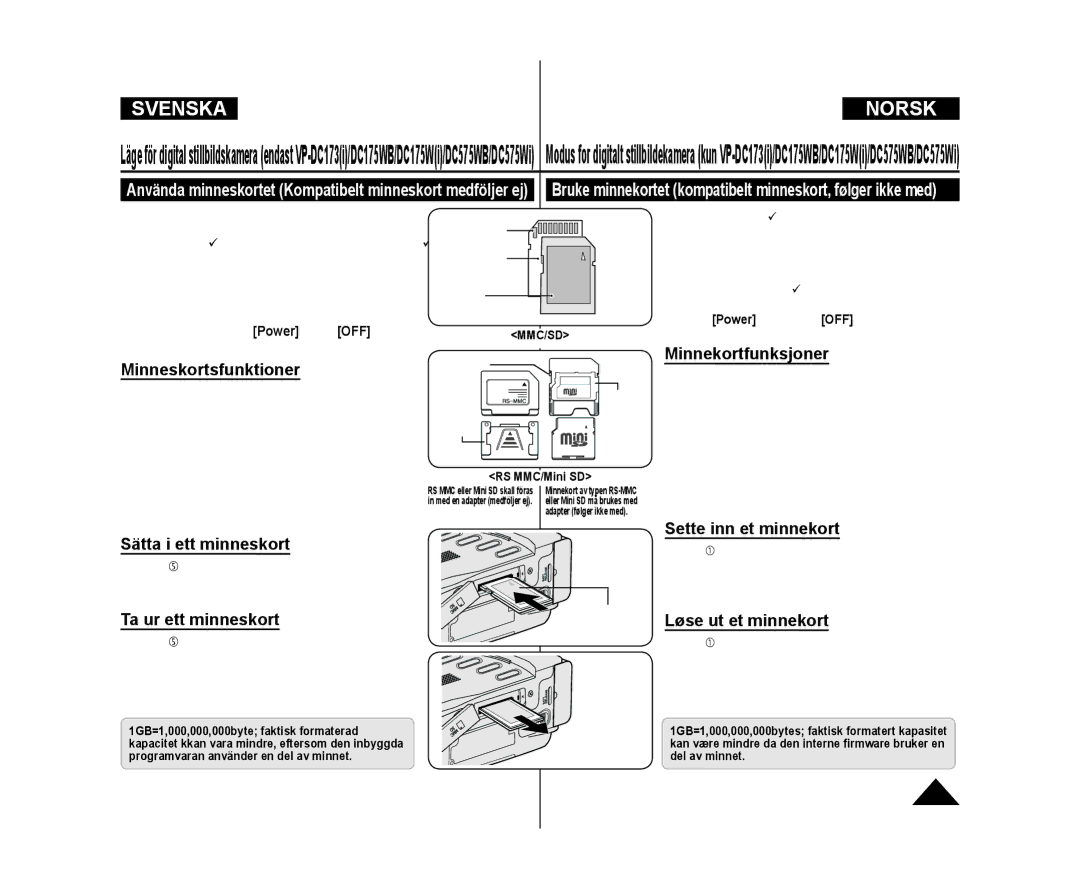 Samsung VP-DC172W/XEE manual Minneskortsfunktioner, Sätta i ett minneskort, Ta ur ett minneskort, Minnekortfunksjoner 
