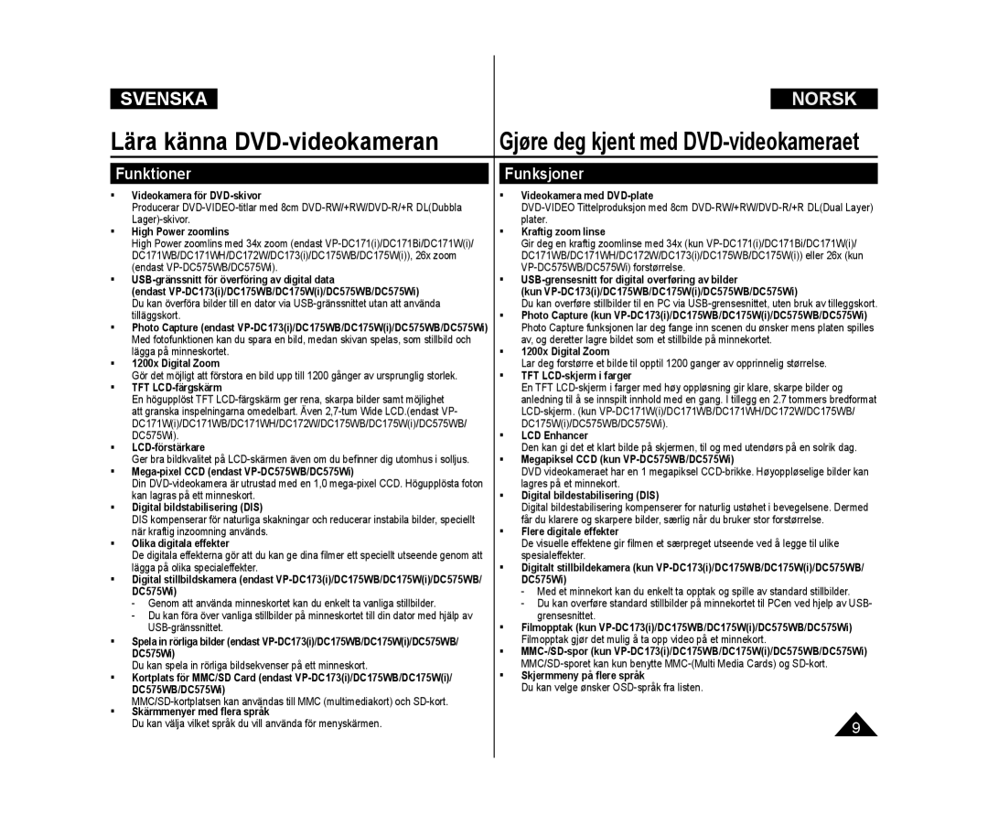 Samsung VP-DC171/XEE, VP-DC171W/XEE, VP-DC172W/XEE manual Lära känna DVD-videokameran, Funktioner, Funksjoner 