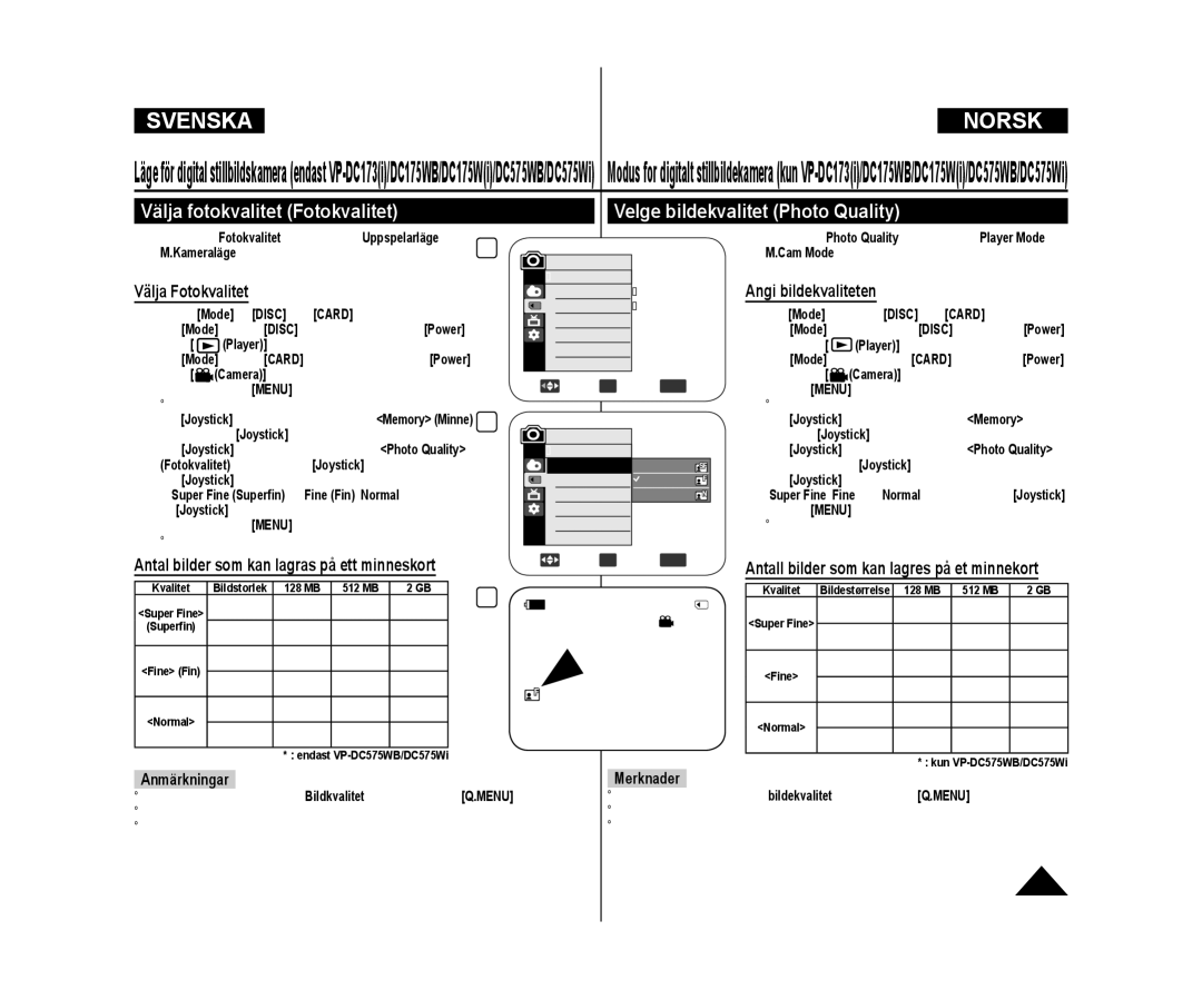 Samsung VP-DC171W/XEE manual Kameraläge. sidan, Ställ in Mode på Disc eller Card, Fotokvalitet, tryck sedan på Joystick 