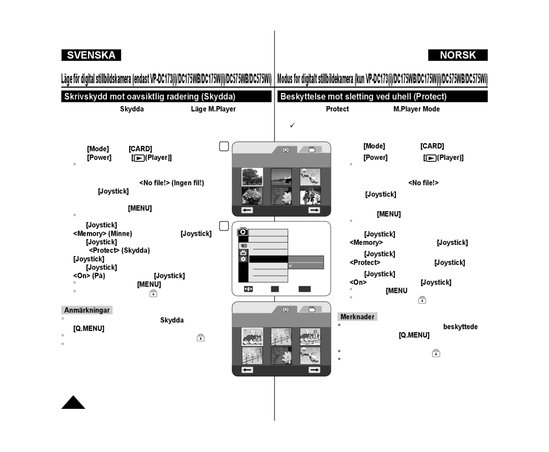 Samsung VP-DC171/XEE, VP-DC171W/XEE manual Sett Mode-bryteren til Card Sett Power-bryteren til Player, Delete Delete All 