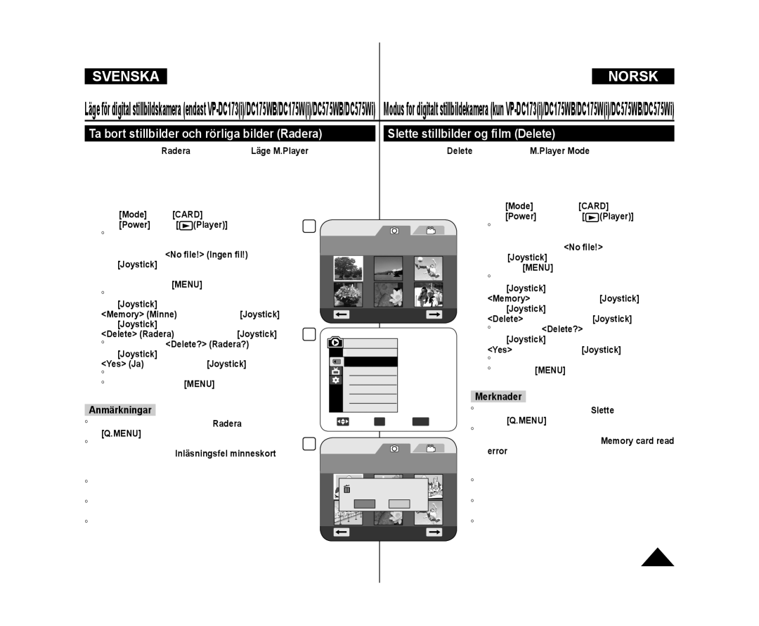 Samsung VP-DC171W/XEE, VP-DC171/XEE Slette stillbilder og ﬁlm Delete, Ta bort stillbilder och rörliga bilder Radera, Error 