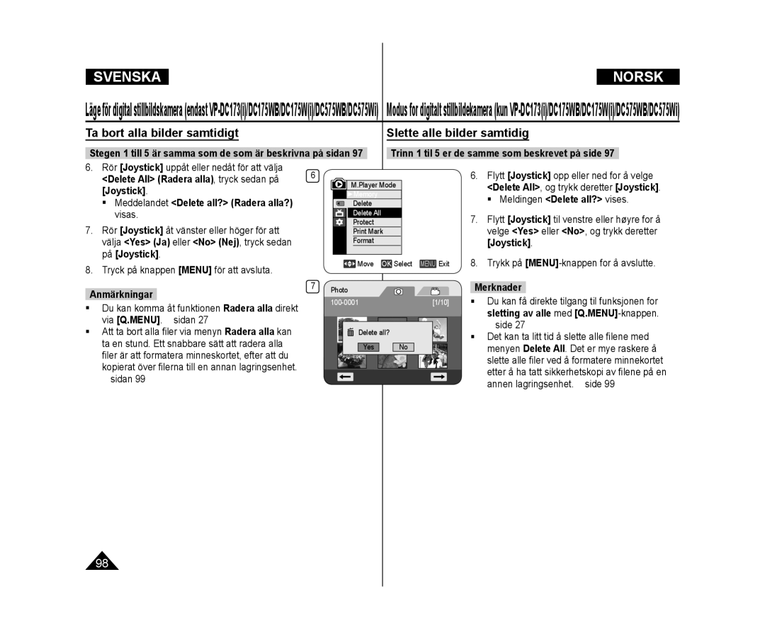 Samsung VP-DC172W/XEE, VP-DC171/XEE manual Ta bort alla bilder samtidigt Slette alle bilder samtidig, Delete all? Yes No 