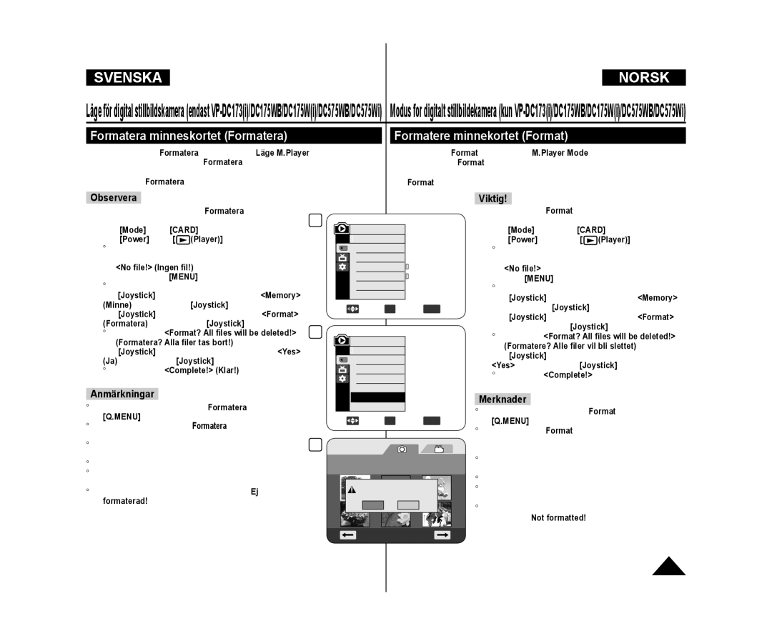 Samsung VP-DC171/XEE, VP-DC171W/XEE manual Formatera minneskortet Formatera, Formatere minnekortet Format, Observera, Viktig 