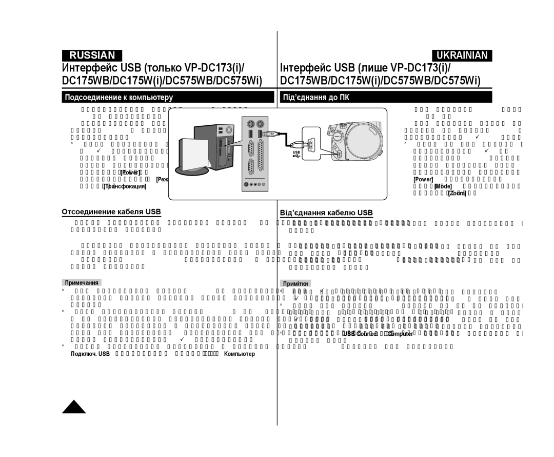 Samsung VP-DC171/NWT manual Подсоединение к компьютеру, Під’єднання до ПК, Отсоединение кабеля USB Від’єднання кабелю USB 