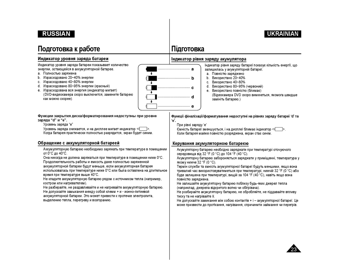 Samsung VP-DC575WI/XER, VP-DC171/XEE, VP-DC173/XEE manual Индикатор уровня заряда батареи, Індикатор рівня заряду акумулятора 