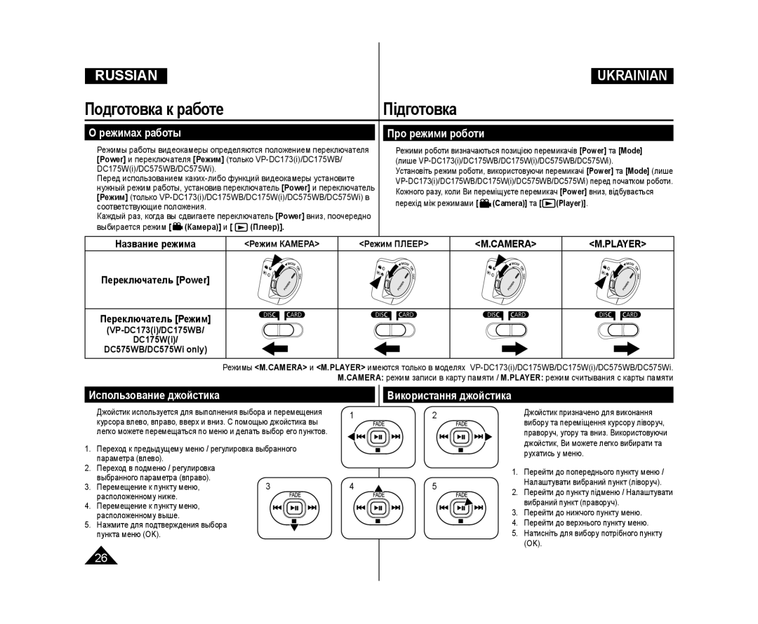 Samsung VP-DC171W/XEE, VP-DC171/XEE Режимах работы, Про режими роботи, Использование джойстика, Режим Камера Режим Плеер 