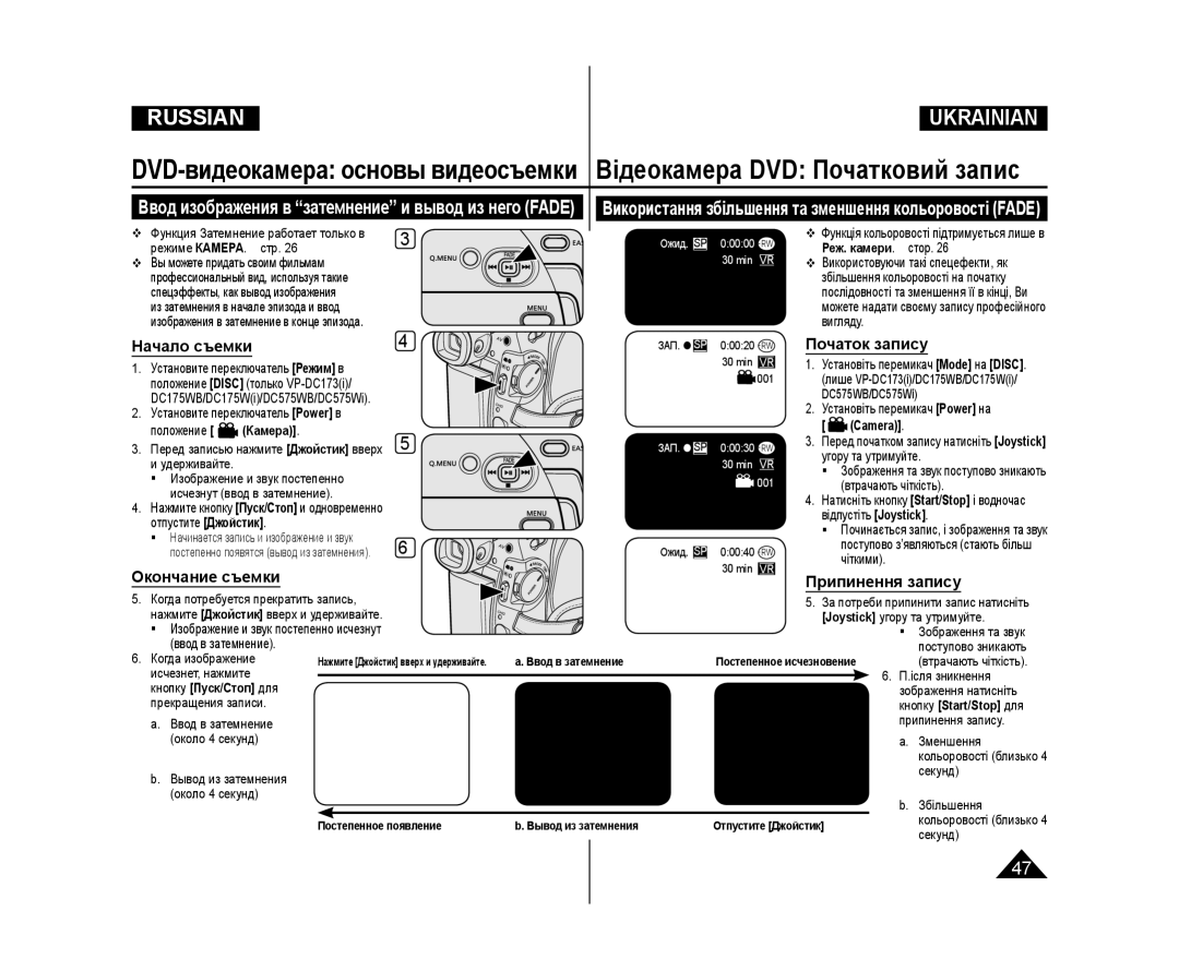 Samsung VP-DC575WI/XER, VP-DC171/XEE, VP-DC173/XEE manual Начало съемки, Початок запису, Окончание съемки, Припинення запису 