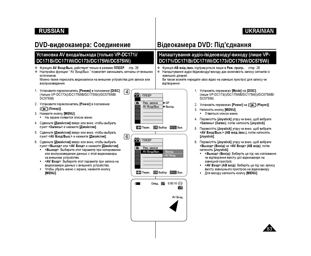 Samsung VP-DC575WI/XER, VP-DC171/XEE, VP-DC173/XEE, VP-DC171W/XEE DVD-видеокамера Соединение Відеокамера DVD Під’єднання 