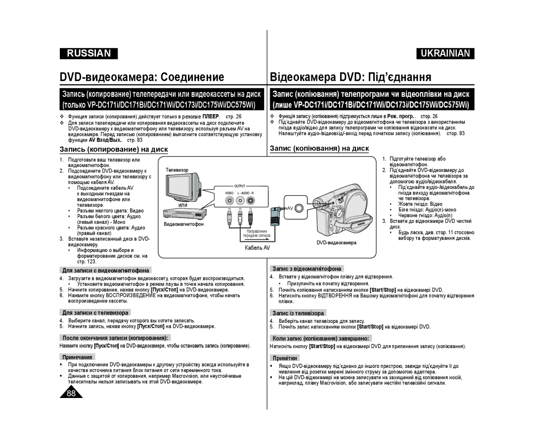 Samsung VP-DC171/NWT, VP-DC171/XEE, VP-DC173/XEE, VP-DC171W/XEE manual Запись копирование на диск Запис копіювання на диск 