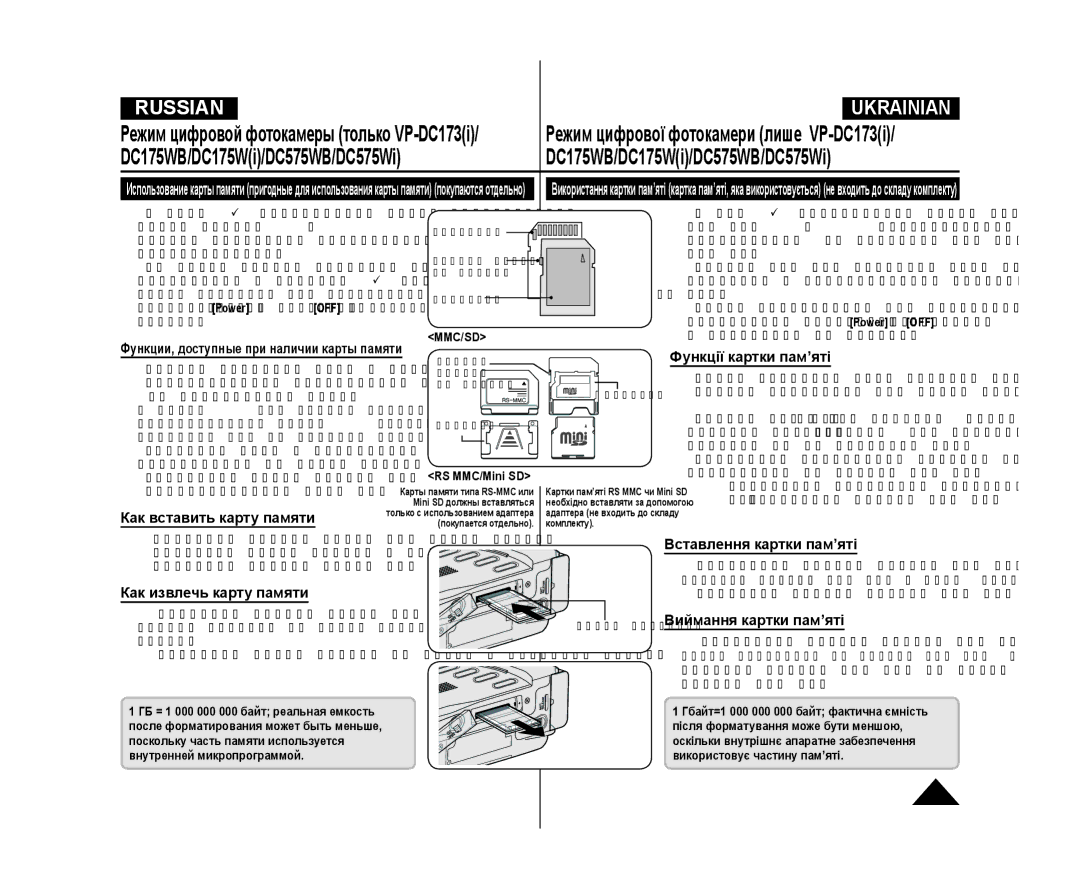 Samsung VP-DC575WB/NWT, VP-DC171/XEE DC175WB/DC175Wi/DC575WB/DC575Wi, Функції картки пам’яті, Как вставить карту памяти 