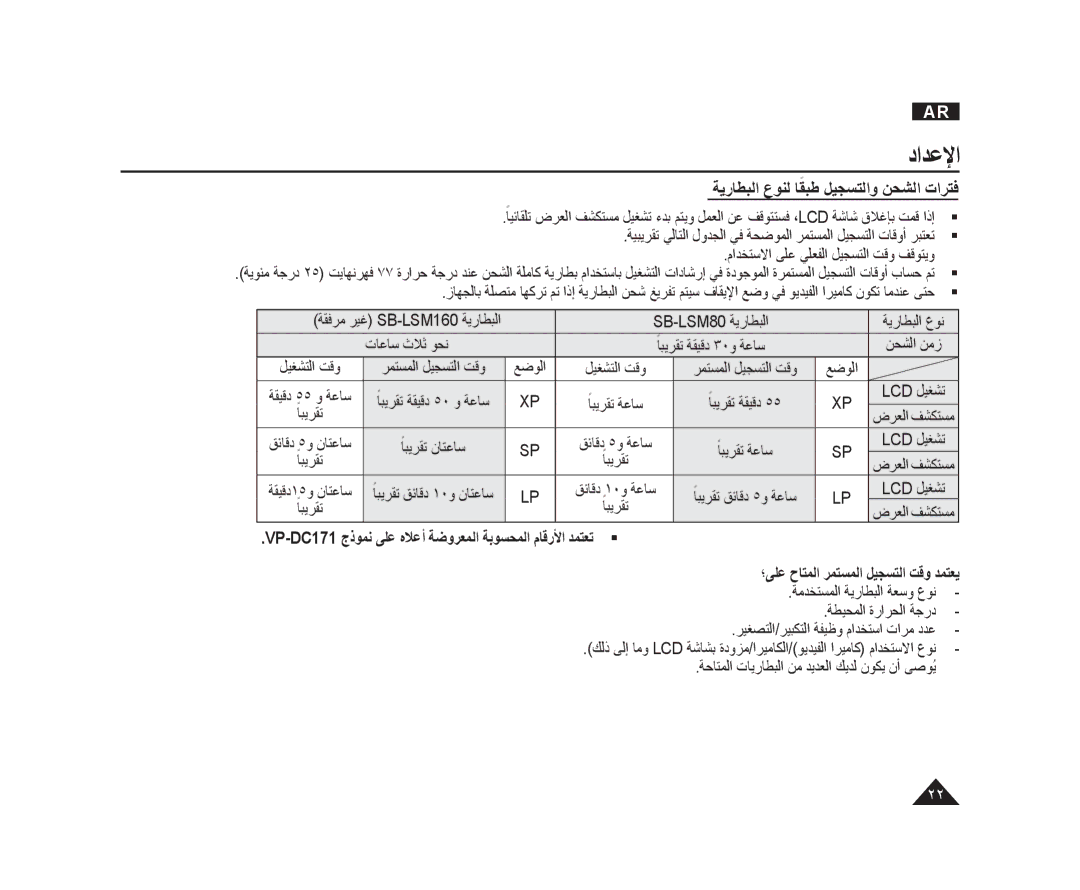 Samsung VP-DC575WI/MEA manual ﺔﻳﺭﺎﻄﺒﻟﺍ ﻉﻮﻨﻟ ﺎﻘﺒﻃ ﻞﻴﺠﺴﺘﻟﺍﻭ ﻦﺤﺸﻟﺍ ﺕﺍﺮﺘﻓ, Lcd ﻞﻴﻐﺸﺗ, ؛ﻰﻠﻋ ﺡﺎﺘﻤﻟﺍ ﺮﻤﺘﺴﻤﻟﺍ ﻞﻴﺠﺴﺘﻟﺍ ﺖﻗﻭ ﺪﻤﺘﻌﻳ 