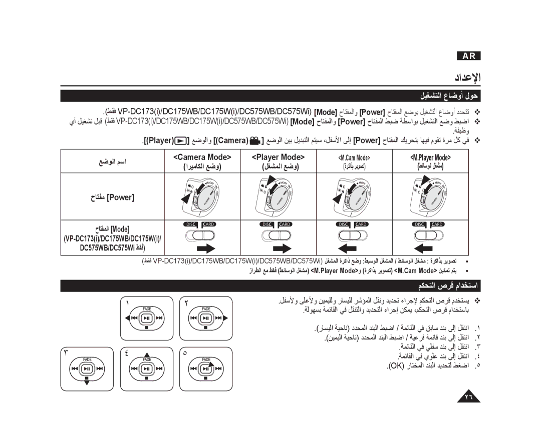 Samsung VP-DC171WB/CAN, VP-DC173/AND, VP-DC175WI/UMG, VP-DC175WB/AND, VP-DC575WI/HAC ﻞﻴﻐﺸﺘﻟﺍ ﻉﺎﺿﻭﺃ ﻝﻮﺣ, ﻢﻜﺤﺘﻟﺍ ﺹﺮﻗ ﻡﺍﺪﺨﺘﺳﺍ 