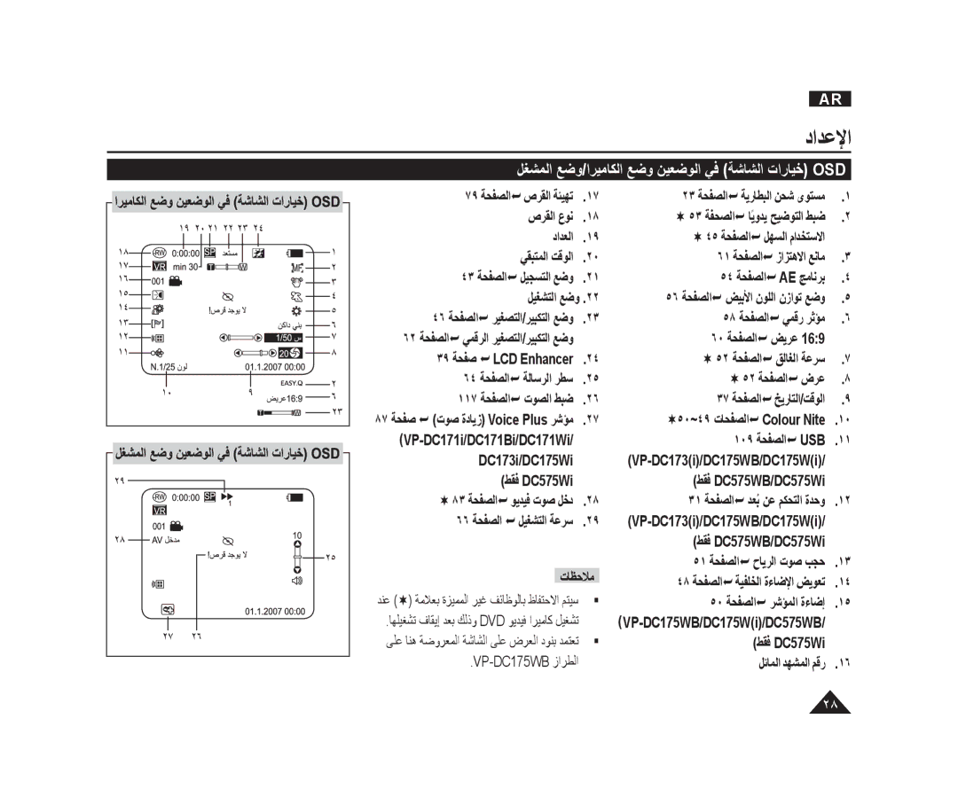 Samsung VP-DC175WB/KNT, VP-DC173/AND, VP-DC175WI/UMG, VP-DC175WB/AND ﻞﻐﺸﻤﻟﺍ ﻊﺿﻭ/ﺍﺮﻴﻣﺎﻜﻟﺍ ﻊﺿﻭ ﻦﻴﻌﺿﻮﻟﺍ ﻲﻓ ﺔﺷﺎﺸﻟﺍ ﺕﺍﺭﺎﻴﺧ Osd 