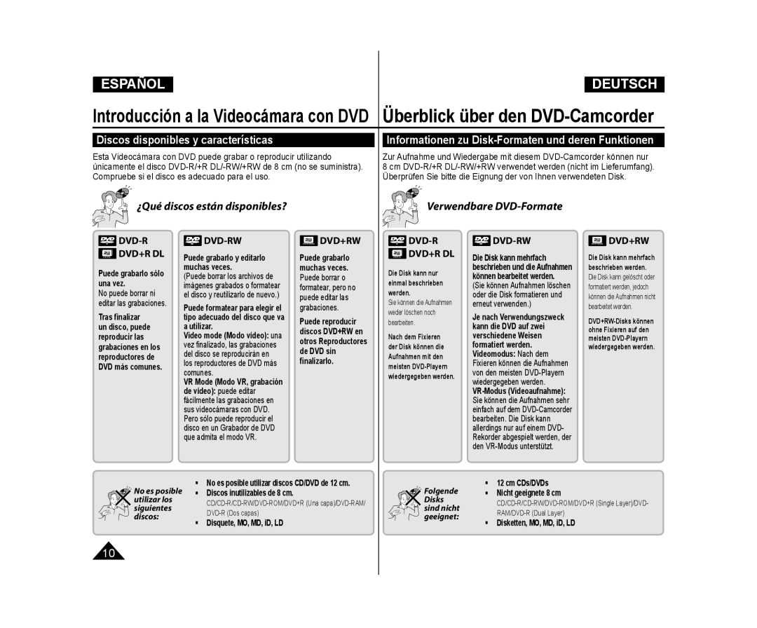 Samsung VP-DC173/XEO manual Discos disponibles y características, Informationen zu Disk-Formaten und deren Funktionen 