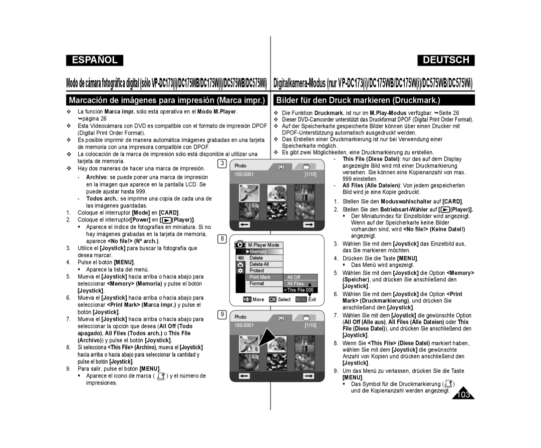 Samsung VP-DC171W/XEO, VP-DC175WB/XEF, VP-DC171/XEF, VP-DC173/XEF, VP-DC171W/XEF Bilder für den Druck markieren Druckmark 